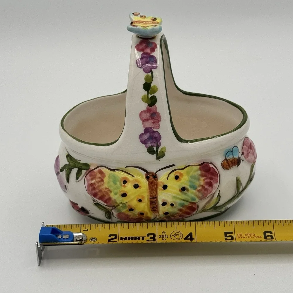 Vintage Ceramic Butterfly‎ Basket Planter Candy Dish Floral Hand Painted